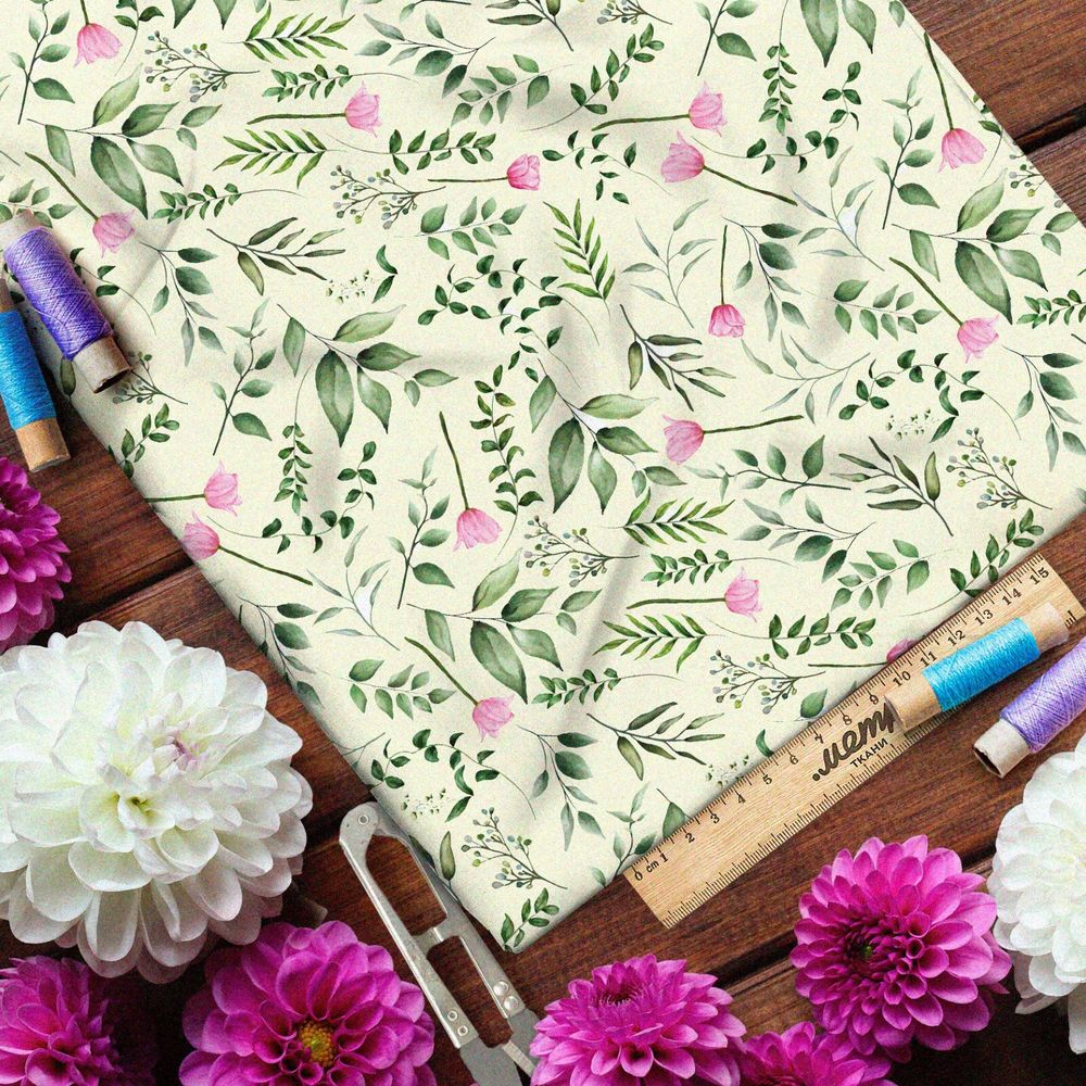 Ткань таффета мелкие розовые цветы и множество зелёной листвы