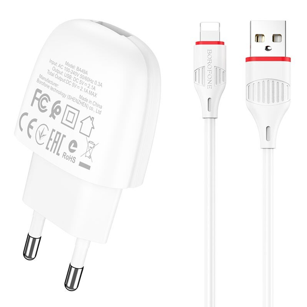 Сетевой адаптер питания BOROFONE BA49A 1USB 2.1A + кабель Lightning (белый)