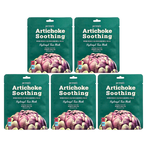 Petitfee, Artichoke Soothing, успокаивающая гидрогелевая маска для лица с артишоком, 5 шт., по 32 г (1,12 унции)