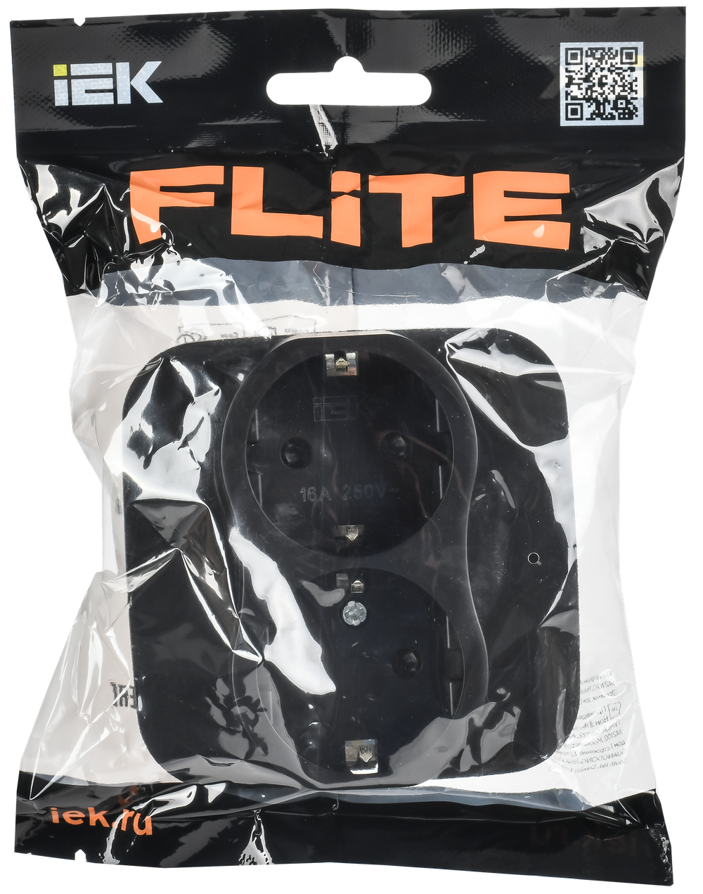 FLITE Розетка 2-местная с заземлением с защитными шторками 16А РСш12-0-А-ФлЧ черный IEK