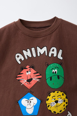 ZARA ФУТБОЛКА С АНИМАЛИСТИЧЕСКИМ ПРИНТОМ, ШОКОЛАДНЫЙ