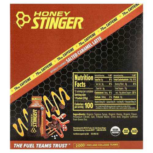 Honey Stinger, гель с кофеином, латте с соленой карамелью, 12 пакетиков по 31 г (1,1 унции)