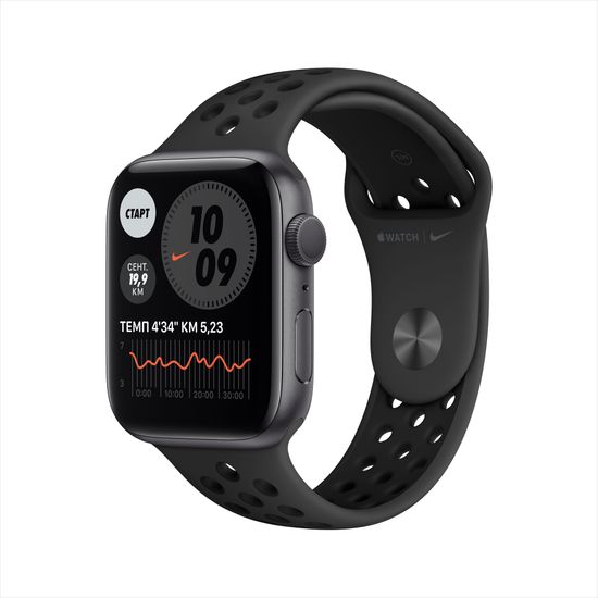 Apple Watch Nike Series 6, 44 мм, корпус из алюминия цвета «серый космос», спортивный ремешок Nike цвета «антрацитовый/чёрный»