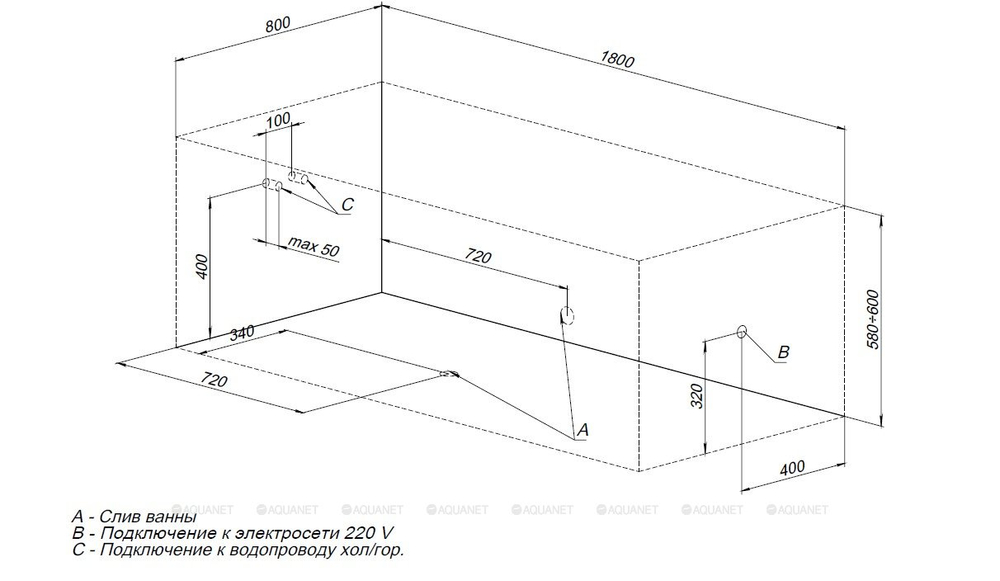 Акриловая ванна Aquanet (Акванет) Aura 180x80 с каркасом