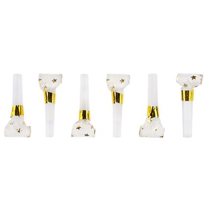 Карнавальные язычки гудки, Звезды, Белый/Золото, металлик, 6 см, 6 шт.