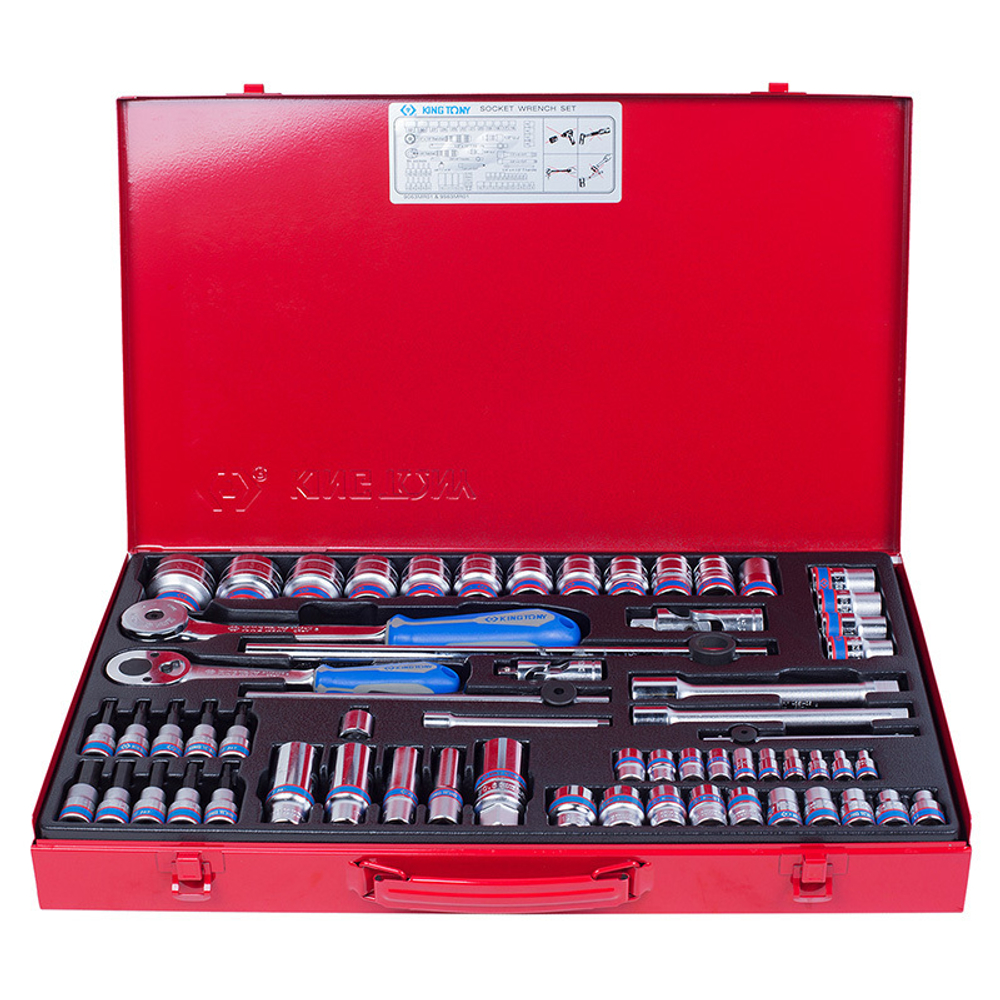 KING TONY (9563MR01) Набор торцевых головок с принадлежностями 1/4"+3/8"+1/2", 6-гранные, 4-32 мм, 62 предмета