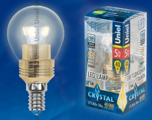 LED-G45P-5W/WW/E14/CL ALC02GD Лампа светодиодная пятилепестковая. Форма шар, прозрачная колба. Материал корпуса алюминий. Цвет свечения теплый белый