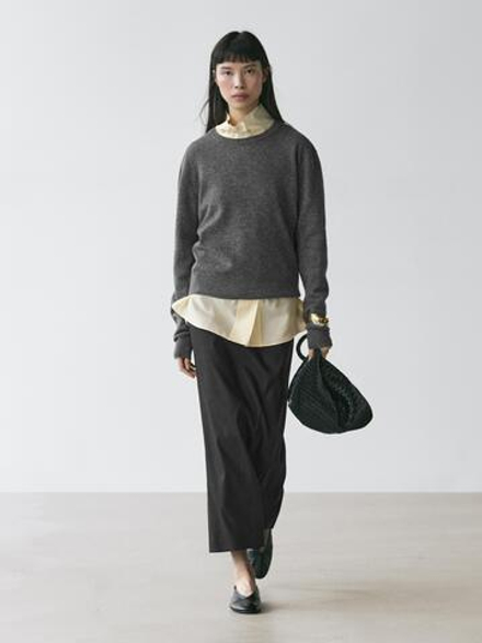 Massimo Dutti Прямая юбка-миди из льняной смеси, черный