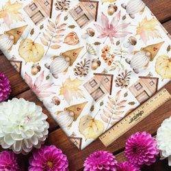 Ткань кулирная гладь осенние листья гномы дома