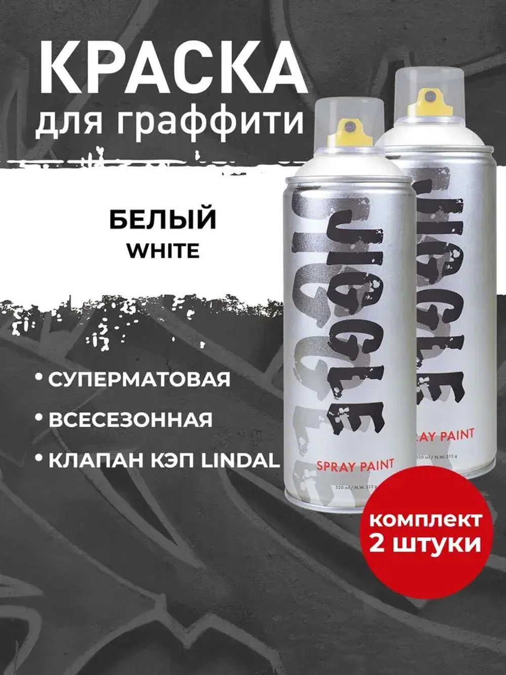 Аэрозольная краска для граффити в баллончике JIGGLE PRO суперматовая, 520 мл, WHITE / Белый - 2 шт