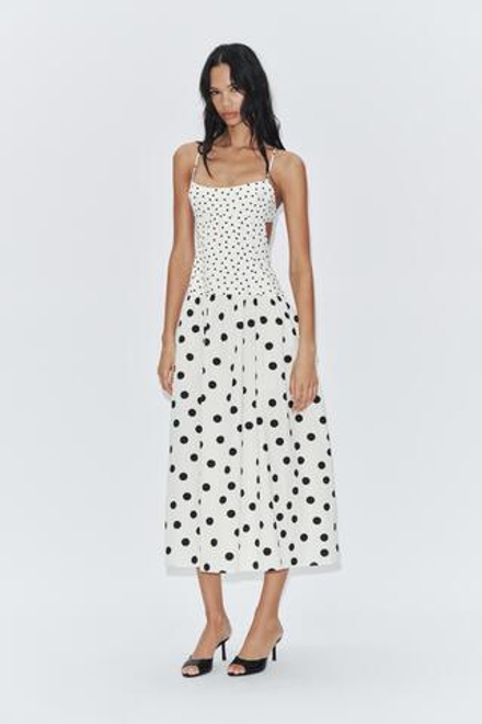ZARA ПЛАТЬЕ МИДИ В ГОРОШЕК НА БРЕТЕЛЯХ, ЭКРЮ/ЧЕРНЫЙ