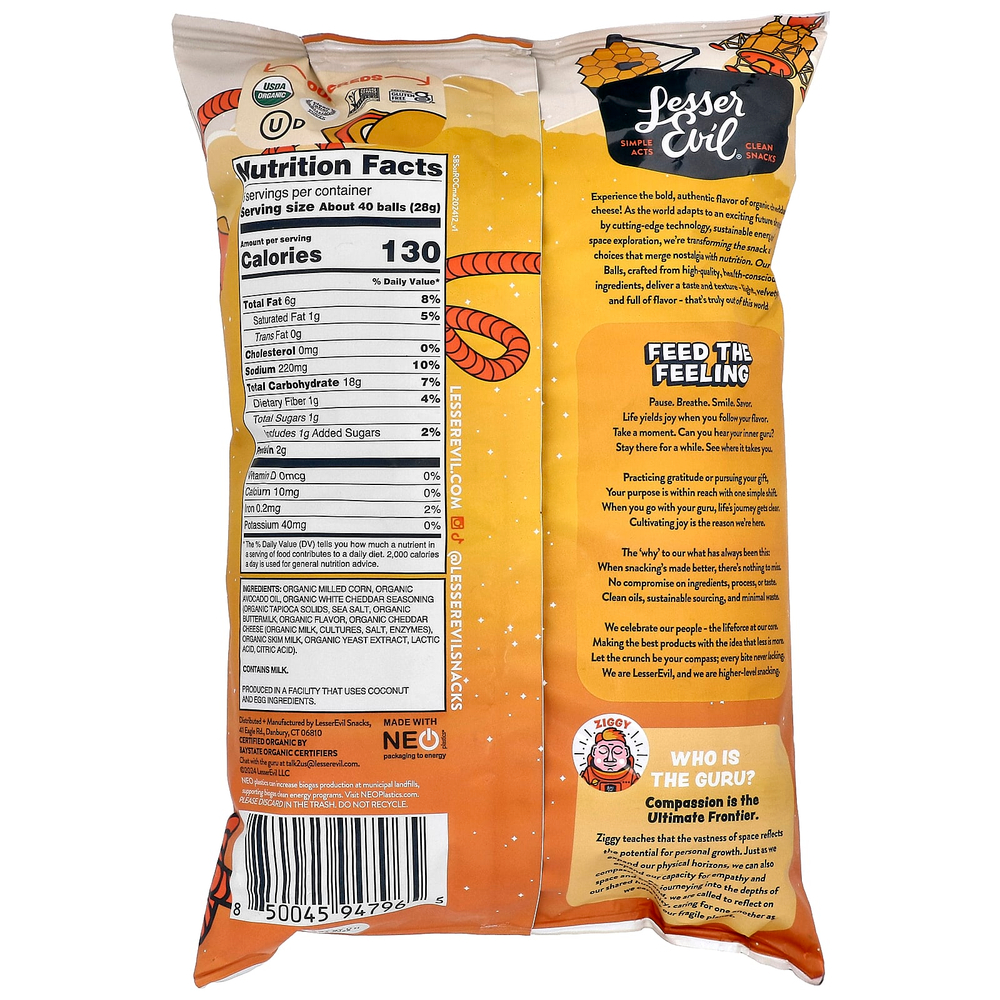 LesserEvil, космические шарики, настоящий органический чеддер, 142 г (5 унций)