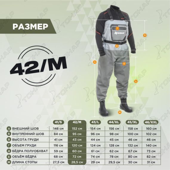 Вейдерсы мембранные River Guide 20000мм/3000г/м2/24ч с сапогами 42 (M) ((N-WB-42M) NISUS