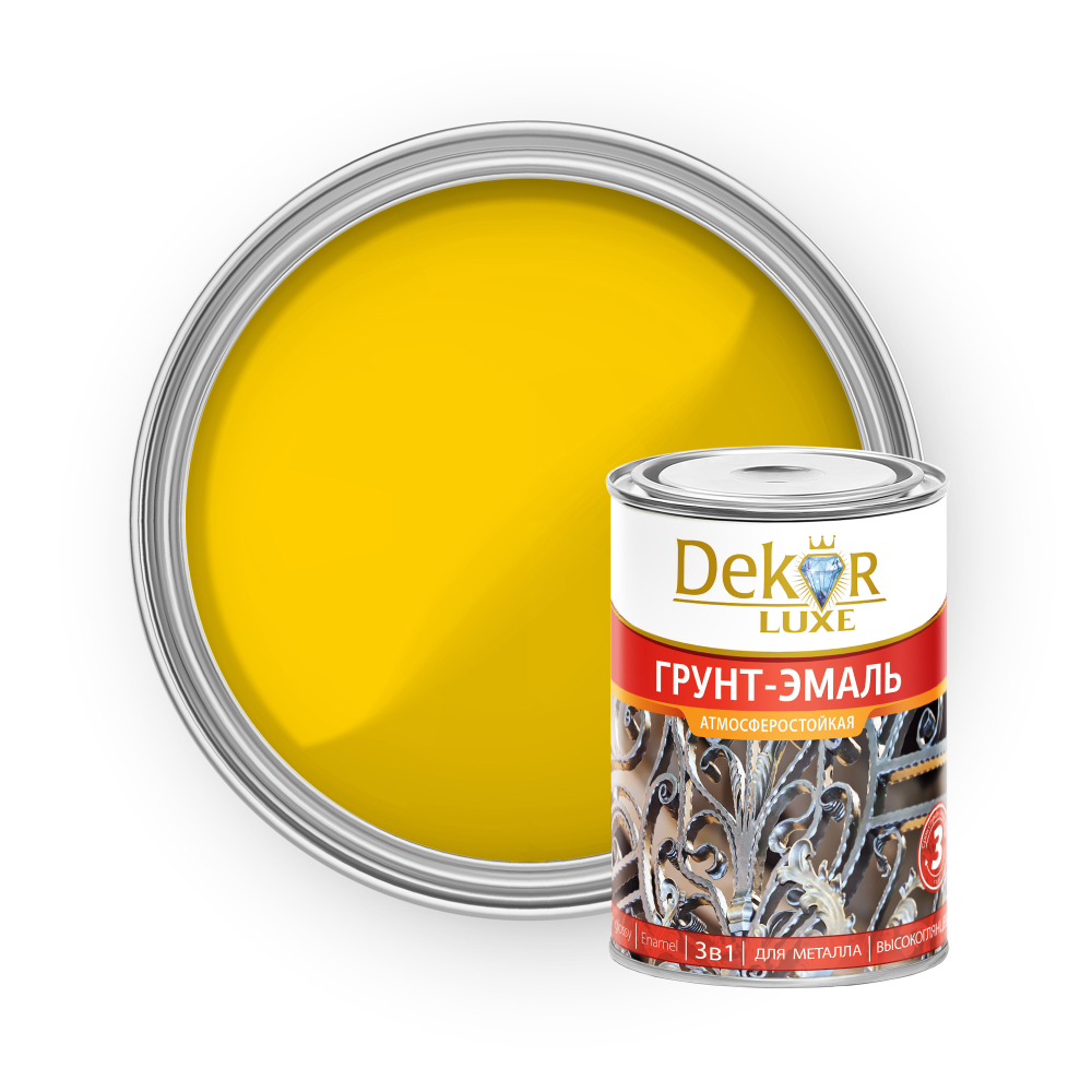 DEKOR LUXE  Грунт-эмаль 3 в 1 атмосферостойкая  Желтая 0,9кг (Кубанские краски)