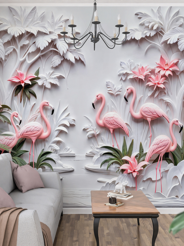 Объемные 3D фотообои пейзаж и розовые птицы
