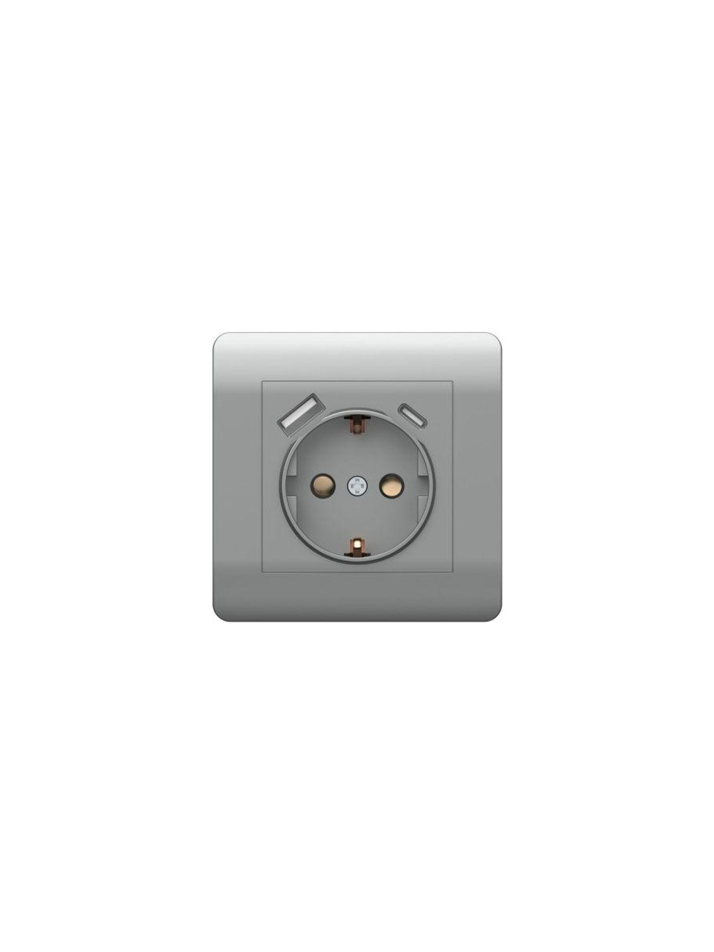 Розетка NEW3-E 16А с заземл. защ. шторки с 2-мя заряд. устройствами USB A+C 5В/2.1А серебр. CHINT 431454