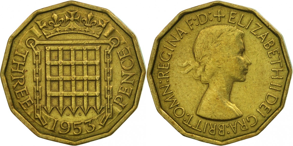 Великобритания 3 пенса, 1953 Королева Елизавета II XF
