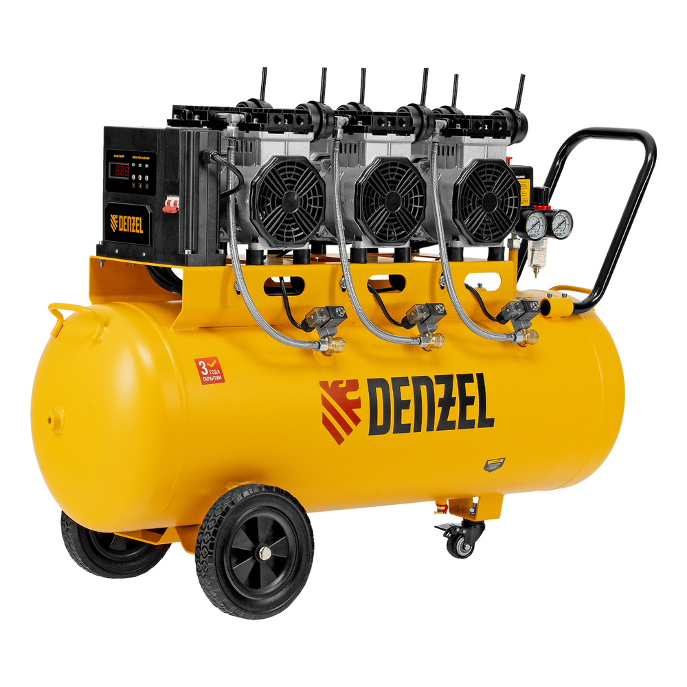Компрессор безмасляный, малошумный DLS 3300/100, 3300 Вт,3x1100, 100 л, 570 л/мин ,блок управления Denzel