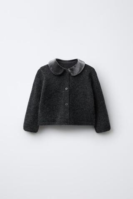 ZARA ВЕЛЬВЕТОВЫЙ КАРДИГАН С КРУГЛЫМ ВОРОТНИКОМ, ТЕМНО-СЕРЫЙ