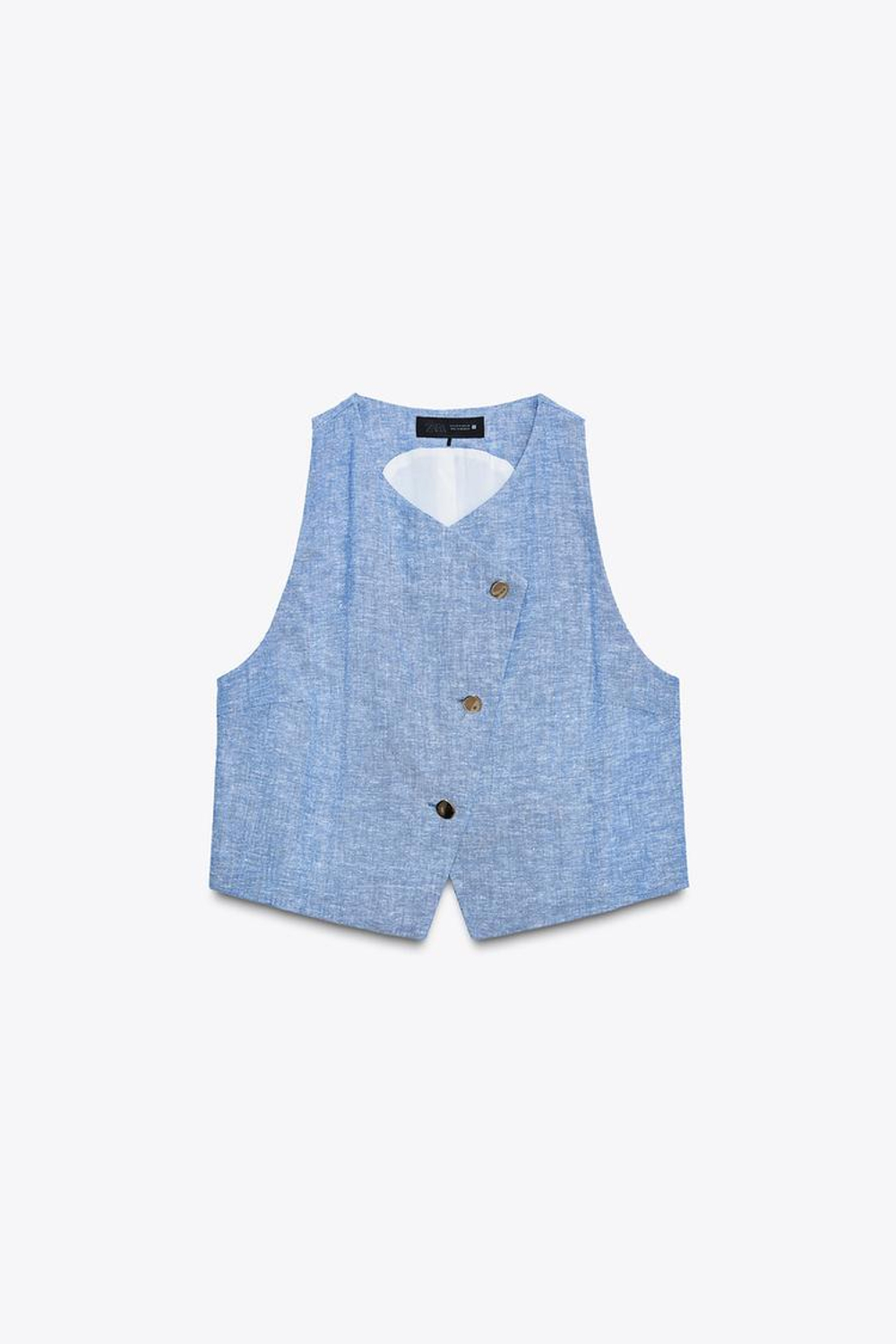 ZARA ЛЬНЯНОЙ ЖИЛЕТ ВНАХЛЕСТ, ГОЛУБОЙ