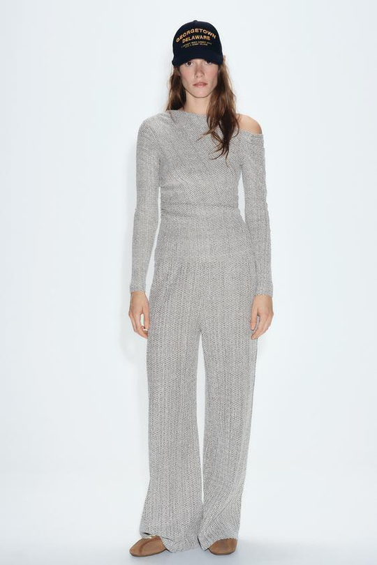 ZARA ШИРОКИЕ БРЮКИ С ТЕКСТУРНЫМ УЗОРОМ, КОРИЧНЕВЫЙ/ЭКРЮ