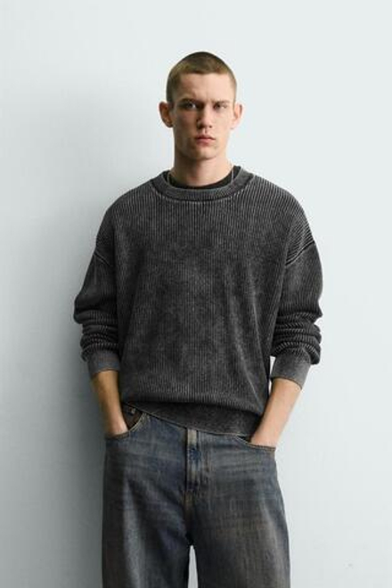 ZARA СВИТЕР В РУБЧИК С ЭФФЕКТОМ ПОТЕРТОСТИМ, ЧЕРНЫЙ