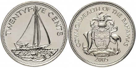 Багамы 25 центов, 1991 - 2005 Парусное судно XF