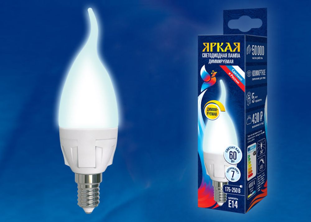 LED-CW37 7W/4000K/E14/FR/DIM PLP01WH Лампа светодиодная, диммируемая. Форма «свеча на ветру», матовая. Серия Яркая. Белый свет (4000K). Картон. ТМ Uni
