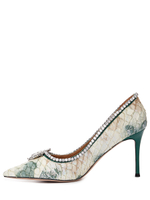 Женские туфли кожаные бело-зелёные с камнем