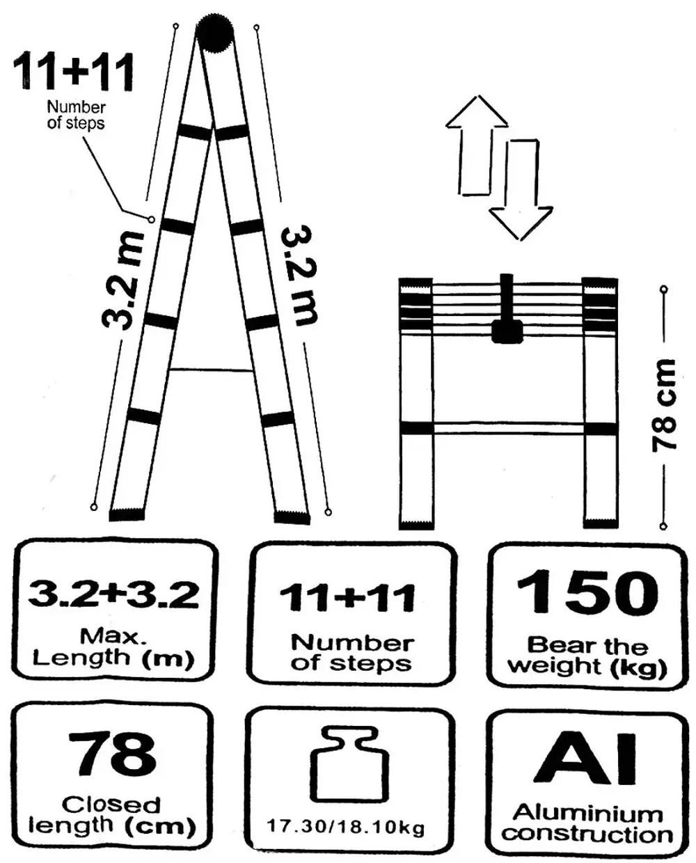 Стремянка телескопическая алюм. бытовая 3.2м (11+11 ступ.) Scheppach Sch-UP320-2