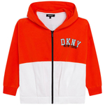 Кардиган трикотажный с капюшоном DKNY Оранжевый/Белый/Спинка: черно-голубые логотипы и надписи (Девочка)