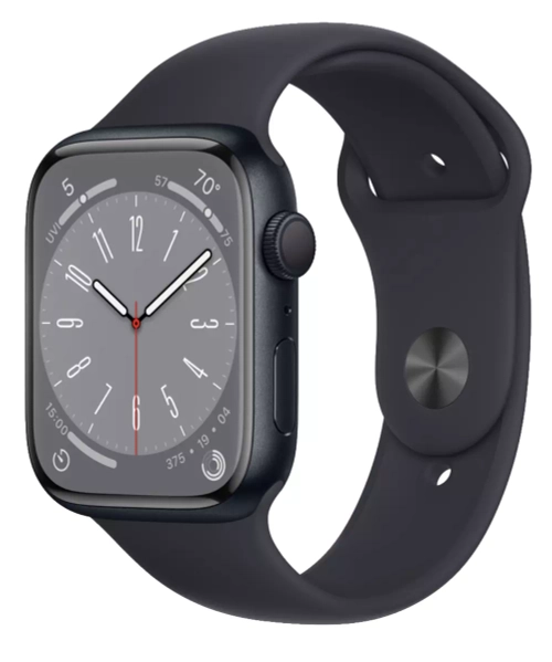 Apple Watch Series 8, 45 мм, из алюминия цвета «тёмная ночь», спортивный ремешок