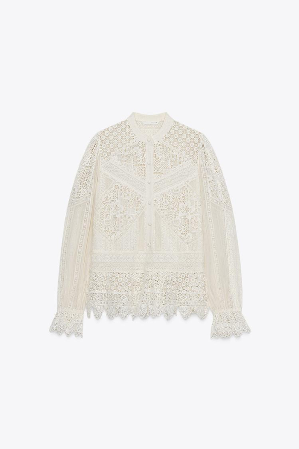 ZARA БЛУЗА С ВЫШИВКОЙ И КРУЖЕВОМ — ZW COLLECTION, ЖЕЛТОВАТО-БЕЛЫЙ