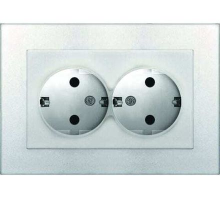 Розетка двухместная "UNIVersal" серия "Афина" с/з, с/у, 16А, 220В, серебро (еврослот) (HU2311)