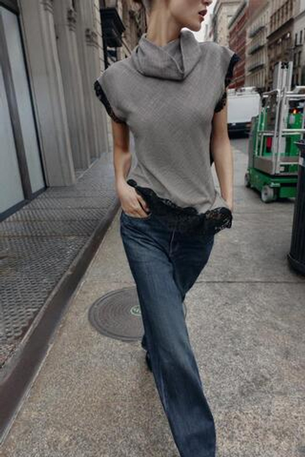 ZARA ТОП С УЗОРОМ «ГУСИНАЯ ЛАПКА» И КРУЖЕВОМ, ЧЕРНЫЙ/ЭКРЮ