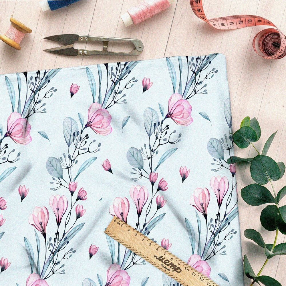 Ткань оксфорд 210 веточки магнолии с цветами