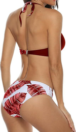 Женский красно-белый раздельный купальник с растительным принтом (Размер: L) (Цвет: красный с белым)