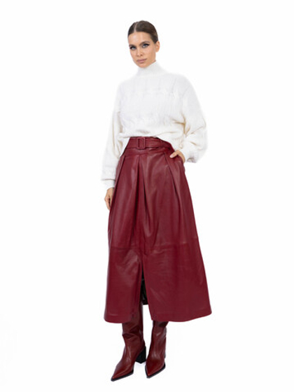 Женская кожаная юбка бордовая с поясом