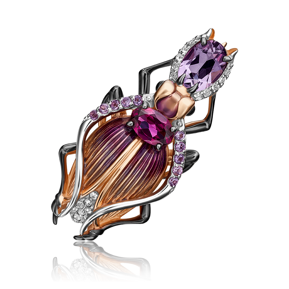 Брошь «Жук» из красного золота c аметистами, гранатом, натуральными топазами white и эмалью Артикул: 04-0216-00-712-1110-57