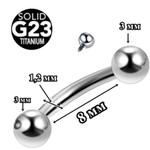 Пирсинг брови. Микробанан 1,2x8x3x3 мм с внутренней накруткой.  Титан G23.