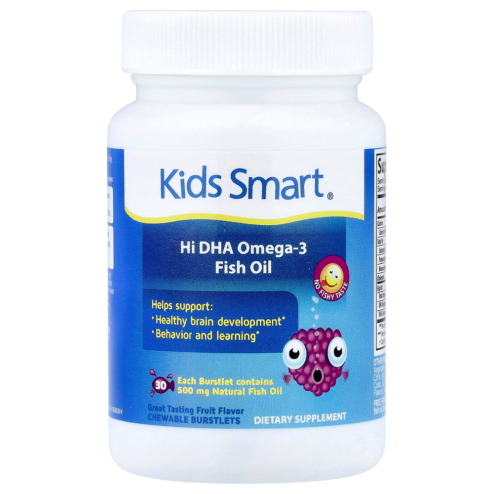 Kids Smart, Kids Smart®, рыбий жир с омега-3 и высоким содержанием ДГК, с фруктовым вкусом, 30 жевательных лопающихся капсул