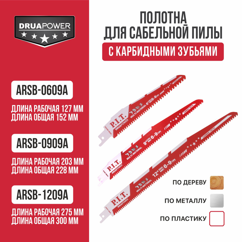 Полотно для сабельной пилы с карбидными зубьями P.I.T. DRUA 2 шт, 152х1,3мм, 6-9 TPI (ARSB-0609A)