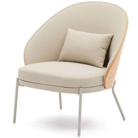 Кресло Eamy из бежевой экокожи, ясеневого шпона с натуральной отделкой и бежевого металла