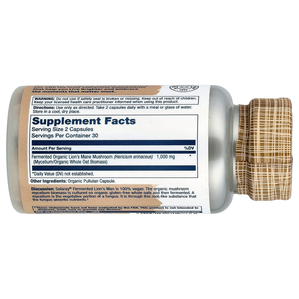 Solaray, органический ферментированный ежовик гребенчатый, 60 органических капсул (500 мг в 1 капсуле)