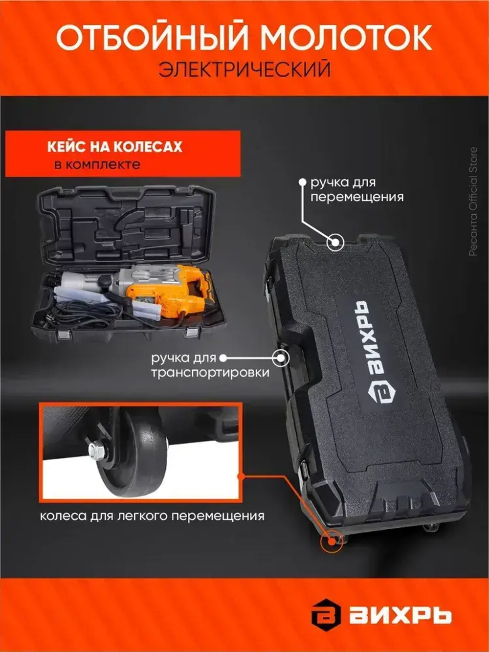 Отбойный молоток электрический ОМ-65А Вихрь - 1750 Вт, 2200 уд/мин, в кейсе на колесах, пика и долото в комплекте
