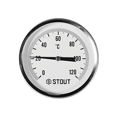 Термометр биметаллический аксиальный STOUT - 1/2" (D80 мм, шкала 0-120°C, с гильзой 50 мм)