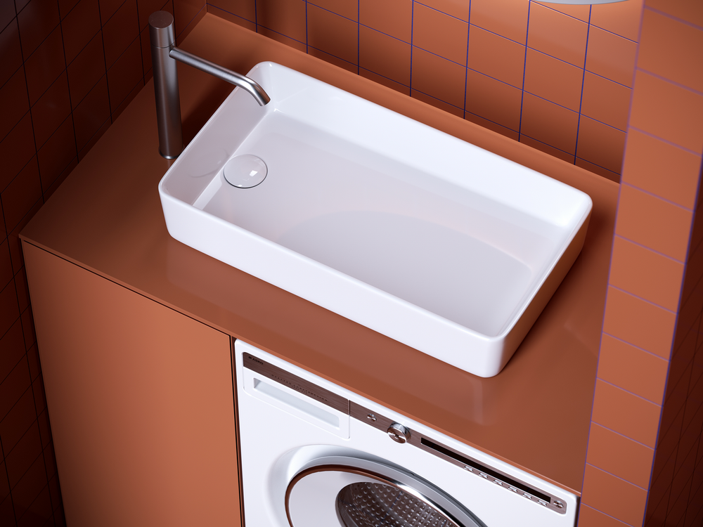 Раковина накладная со смещенным сливом, с возможностью установки на столешницу под стиральную машину, 620x340x110, цвет белый
