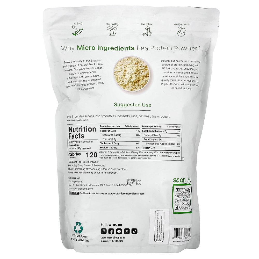 Micro Ingredients, Порошок из горохового протеина, без добавок, 2,26 кг (5 фунтов)