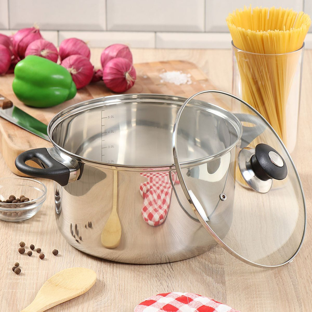 Кастрюля нерж, 6.1 л, с крыш, крышка стекло, DNN4, GS-01110-24CA-1, индукц