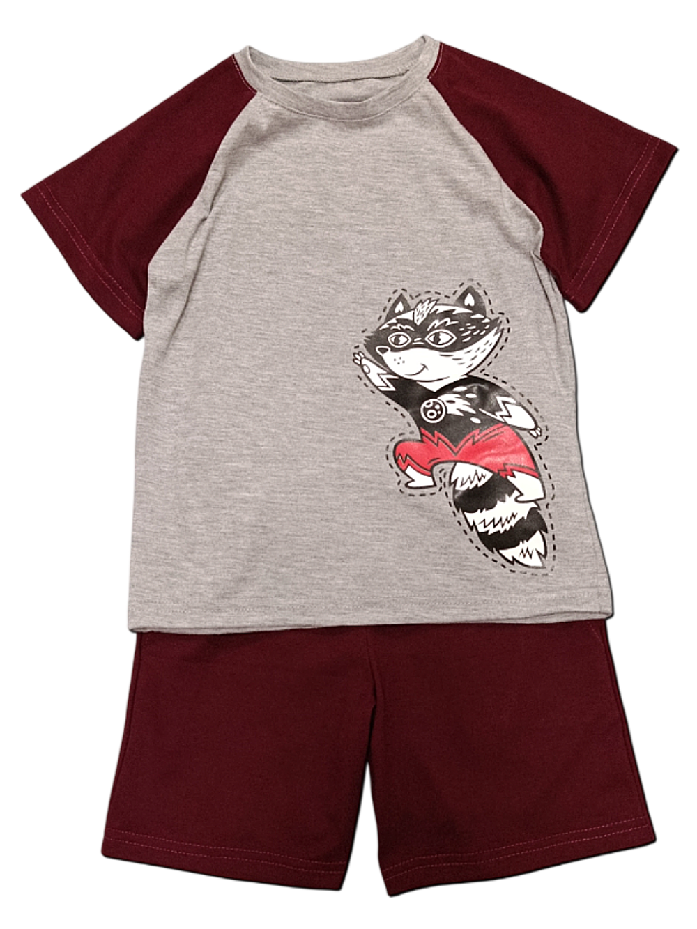 12404 Комплект детский (футболка с наклейкой и шорты) серый меланж/бордовый (64-122/128)